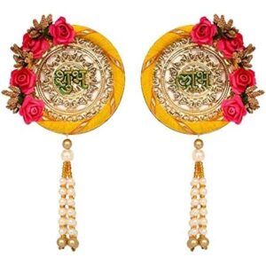 PREMIUM SHUBH LABH DESIGN WITH YELLOW BANGLES AND PINK ARTIFICAIL PAPER FLOWERS THREE LAYER PEARLS LATKAN.