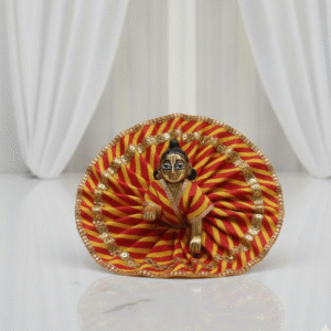 PREMIUM KRISHNA POSHAK WITH RED AND YELLOW STRIPS AND GOLDEN BORDER.