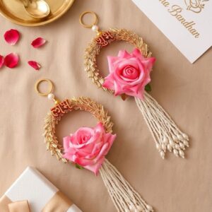 pink lotus shubh labh hanging with pearl beads for home entrance