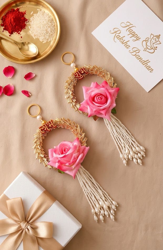 pink lotus shubh labh hanging with pearl beads for home entrance