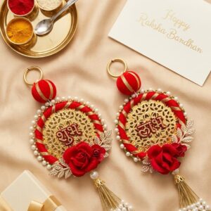 red bangle shubh labh hanging with floral design pearl tassels door decor